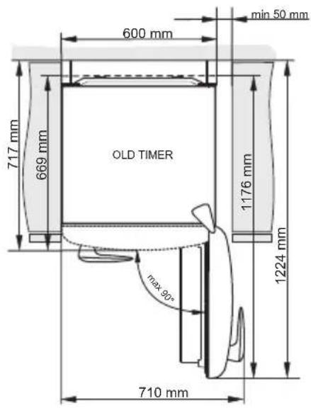 600 mm min 50 mm 717 mm 669 mm OLD TIMER 1176 mm 1224 mm max 90° 710 mm