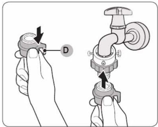 Diagram showing two hands holding a valve with labeled component D, illustrating the process of adjusting or adjusting a valve.