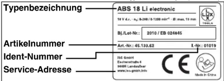 Typenbezeichnung ABS 18 Li electronic 18 V d.o. - n.y: 0-280 / 0-1200 min⁻¹ · Ø: max. 13 mm Bj./Lot-Nr.: 2010 / EB 024845 Art.-Nr.: 45.133.62 I.-Nr.: 01019 Issuernummer Ident-Nummer Service-Adresse ISO GmbH Eschenstraße 4 94485 Landaufear www.jx-gmin.info CE Made in China