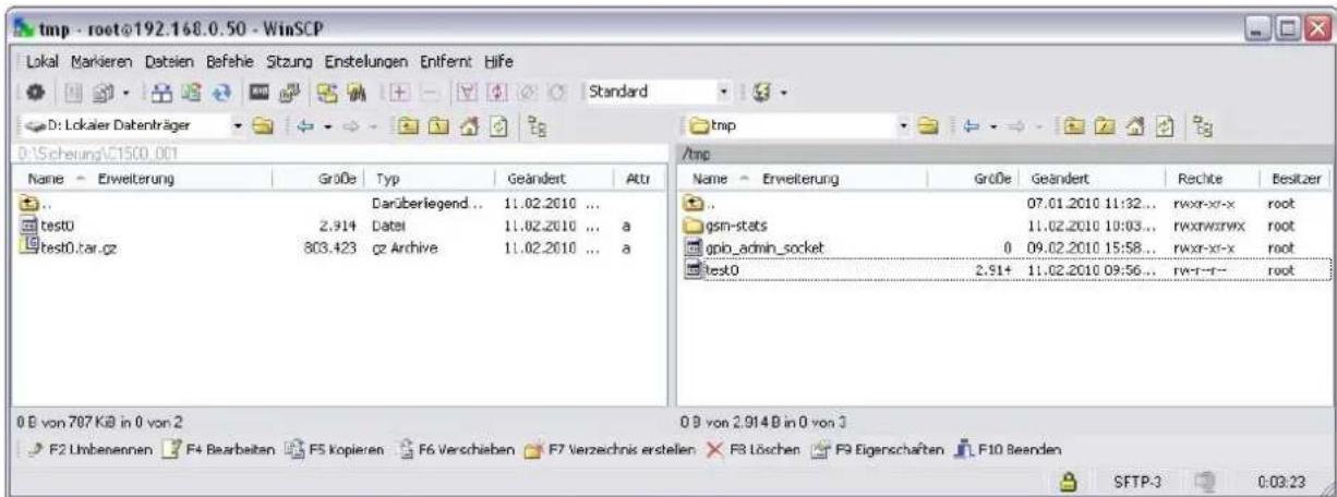 tmp - root@192.168.0.50 - WinSCP Lokai Markieren Daten Befehle Sitzung Einstellungen Enfernt Hilfe Standard D: Lokaler Datenträger D:\Sicherung\C1500_001 Name Erweiterung Große Typ Geändert Altr .. Darüberlegend .. 11.02.2010 ... test0 2.914 Datei 11.02.2010 ... a test0.tar.gz 803.423 cz Archive 11.02.2010 ... a Name Erweiterung Große Geändert Rechte Besitzer .. 07.01.2010 11:32... rwxr-xr-x root gsin-stats 11.02.2010 10:03... rwxrwxrwx root opio_admin_socket 0 09.02.2010 15:58... rwxr-xr-x root test0 2.91+ 11.02.2010 09:56... rwxr-r-- root 0 B von 787 KiB in 0 von 2 F2 Umbenennen F4 Bearbeiten F5 Kopieren F6 Verschieben F7 Verzeichnis erstellen F8 Löschen F9 Eigenschaften L F10 Beenden SFTP-3 0:03:23