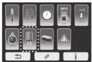 Control panel interface with icons for temperature, caliper, warning sign, and display buttons