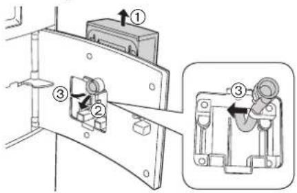 Technical diagram showing mechanical assembly with numbered components and a close-up inset of a clamp mechanism