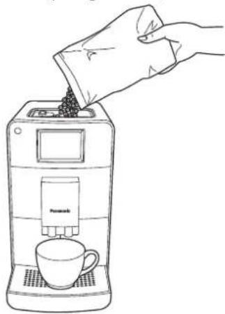 PANASONIC NC-ZA1M - Fill the coffee bean container with whole coffee beans (except hot milk preparation). Then place a cup(s) under the spout. - 1