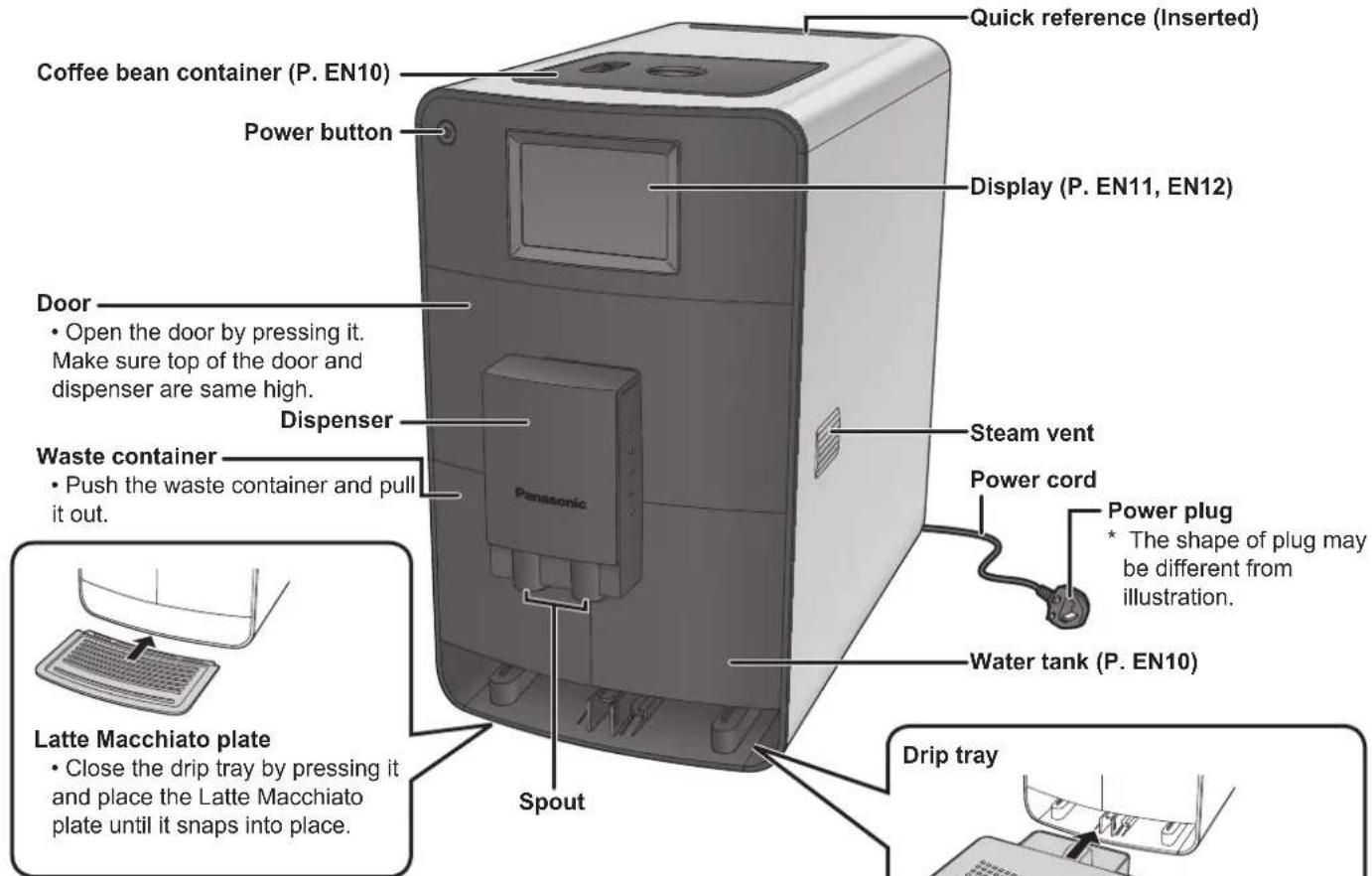 Quick reference (Inserted) Coffee bean container (P. EN10) Power button Display (P. EN11, EN12) Door • Open the door by pressing it. Make sure top of the door and dispenser are same high. Dispenser Waste container • Push the waste container and pull it out. Panasonic Steam vent Power cord Power plug * The shape of plug may be different from illustration. Water tank (P. EN10) Latte Macchiato plate • Close the drip tray by pressing it and place the Latte Macchiato plate until it snaps into place. Spout Drip tray