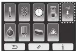 Control panel interface with icons for temperature, speed, battery, and warning symbols