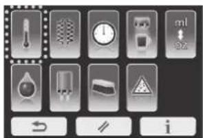 Control panel interface with icons for temperature, clock, warning sign, and various function buttons