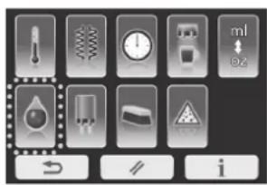 Control panel interface with icons for temperature, clock, diode, liquid droplet, and warning symbols