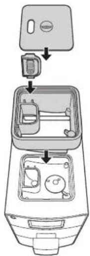 Diagram of a device interior with labeled parts and directional arrows indicating assembly or operation