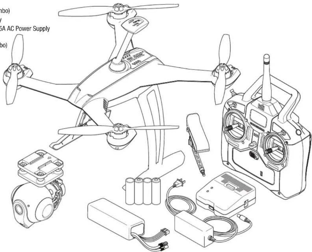 Technical line drawing of a quadcopter drone with labeled components including propeller, control unit, and battery pack