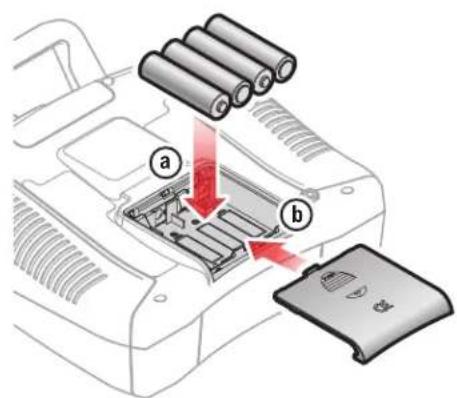Diagram showing battery charging process with labeled components a and b, including battery stack and power outlet