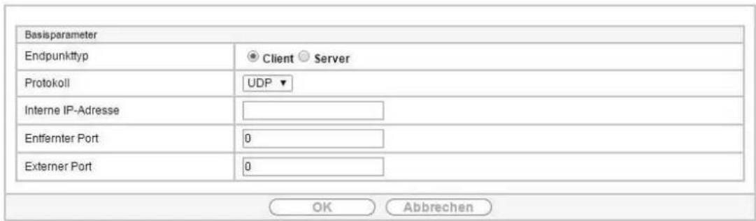 Basisparameter Endpunkttyp Client Server Protokoll UDP Interne IP-Adresse Entfernter Port 0 Externer Port 0 OK Abbrechen