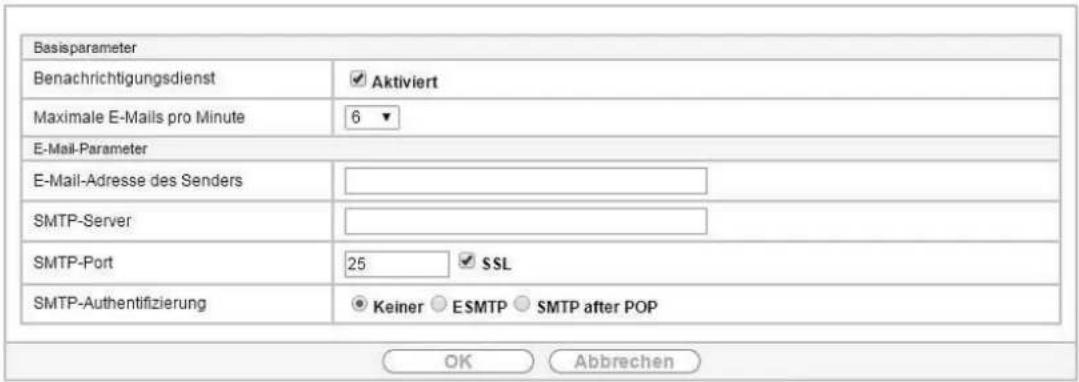 Basisparameter Benachrichtigungsdienst Aktiviert Maximale E-Mails pro Minute 6 E-Mail-Parameter E-Mail-Adresse des Senders SMTP-Server SMTP-Port 25 SSL SMTP-Authentifizierung Keiner ESMTP SMTP after POP OK Abbrechen