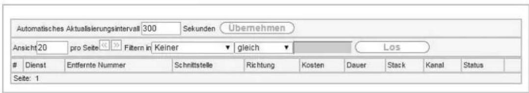 Automatisches Aktualisierungsintervall 300 Sekunden Übernehmen Ansicht 20 pro Seite Filtern in Keiner gleich Los Dienst Entfernte Nummer Schnittstelle Richtung Kosten Dauer Stack Kanal Status Seite: 1