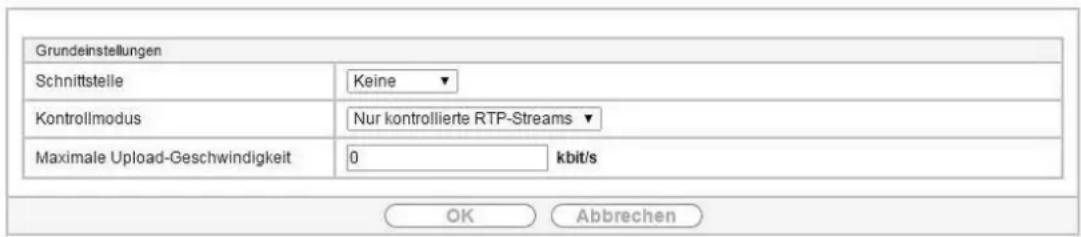 Grundeinstellungen Schnittsteile Keine Kontrollmodus Nur kontrollierte RTP-Streams Maximale Upload-Geschwindigkeit 0 Knit/s OK Abbrechen