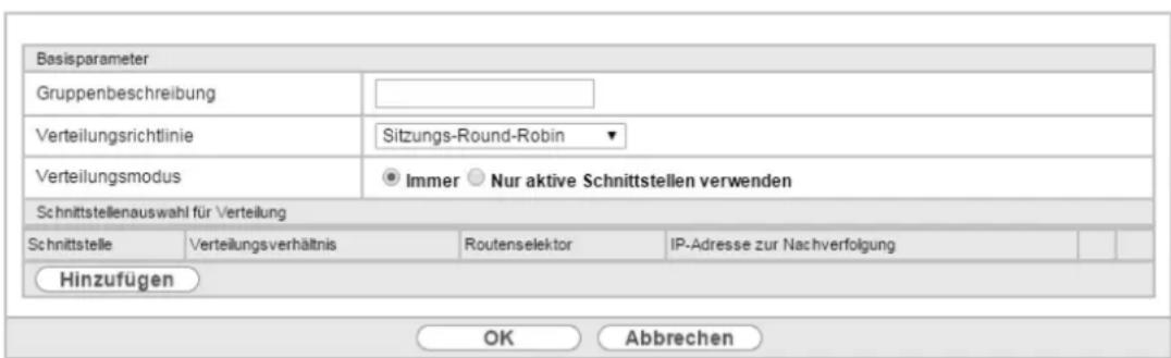 Basisparameter Gruppenbeschreibung Verteilungsrichtlinie Sitzungs-Round-Robin Verteilungsmodus Immer Nur aktive Schnittstellen verwenden Schnittstellenauswahl für Verteilung Schnittstelle Verteilungsverhältnis Routenselektor IP-Adresse zur Nachverfolgung Hinzufügen OK Abbrechen