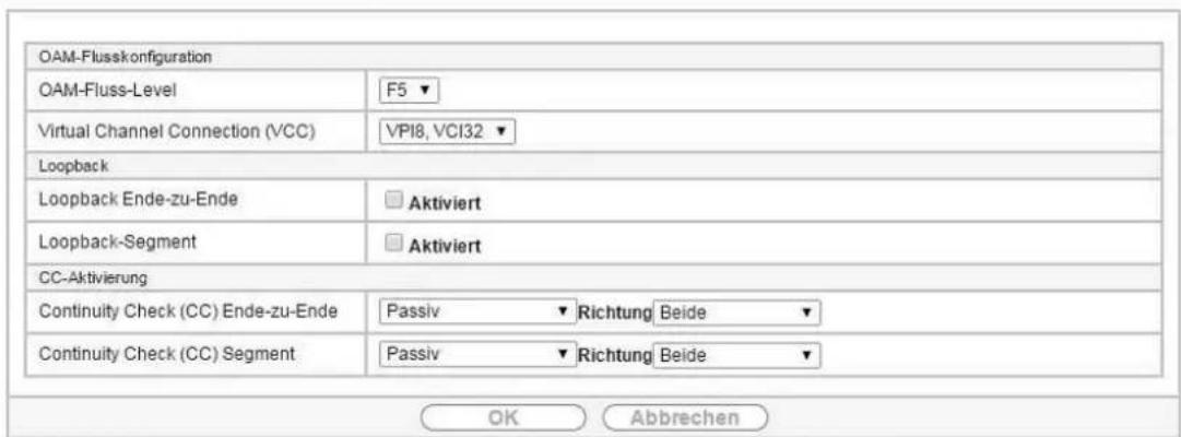 OAM-Flusskonfiguration OAM-Fluss-Level F5 ▼ Virtual Channel Connection (VCC) VPI8, VCI32 ▼ Loopback Loopback Ende-zu-Ende □ Aktiviert Loopback-Segment □ Aktiviert CC-Aktivierung Continuity Check (CC) Ende-zu-Ende Passiv ▼ Richtung Beide ▼ Continuity Check (CC) Segment Passiv ▼ Richtung Beide ▼ OK Abbrechen