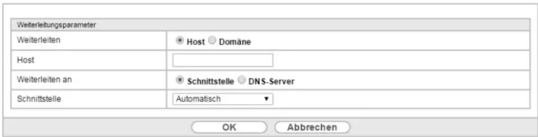 Weiterleitungsparameter Weiterleiten Host Host Weiterleiten an Schnittstelle Schnittstelle Host Host Domäne Schnittstelle DNS-Server Automatisch OK Abbrechen