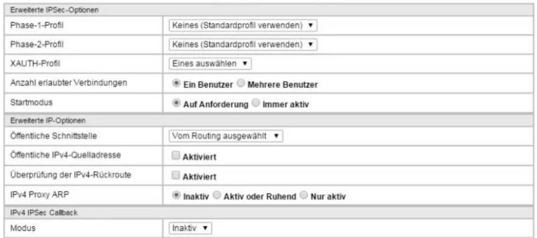 Erweiterte IPSec-Optionen Phase-1-Profil Keines (Standardprofil verwenden) Phase-2-Profil Keines (Standardprofil verwenden) XAUTH-Profil Eines auswählen Anzahl erlaubter Verbindungen Ein Benutzer Mehrere Benutzer Startmodus Auf Anforderung Immer aktiv Erweiterte IP-Optionen Öffentliche Schnittstelle Vom Routing ausgewählt Öffentliche IPv4-Quelladresse Aktiviert Überprüfung der IPv4-Rückroute Aktiviert IPv4 Proxy ARP Inaktiv Aktiv oder Ruhend Nur aktiv IPv4 IPSec Callback Modus Inaktiv