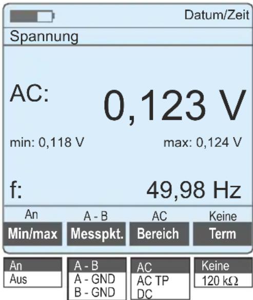 Datum/Zeit Spannung AC: 0,123 V min: 0,118 V max: 0,124 V f: 49,98 Hz An A - B AC Keine Min/max Messpkt. Bereich Term An A - B AC Keine Aus A - GND AC TP B - GND DC 120 kΩ