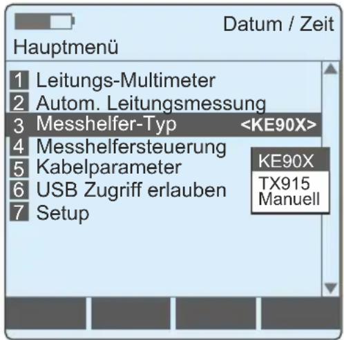 Datum / Zeit Hauptmenü 1 Leitungs-Multimeter 2 Autom. Leitungsmessung 3 Messhelfer-Typ 4 Messhelfersteuerung KE90X 5 Kabelparameter TX915 6 USB Zugriff erlauben Manuell 7 Setup