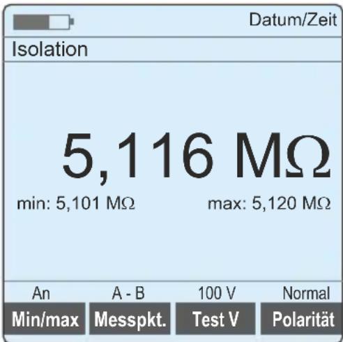 Isolation 5,116 MΩ min: 5,101 MΩ max: 5,120 MΩ An A - B 100 V Normal Min/max Messpkt. Test V Polarität