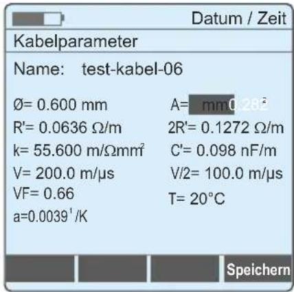 Kabelparameter Name: test-kabel-06 Ø= 0.600 mm A= mm² 28° R'= 0.0636 Ω/m 2R'= 0.1272 Ω/m k= 55.600 m/Ωmm² C'= 0.098 nF/m V= 200.0 m/μs V/2= 100.0 m/μs VF= 0.66 T= 20°C a=0.0039' /K Speichern