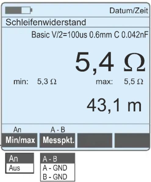Datum/Zeit Schleifenwiderstand Basic V/2=100us 0.6mm C 0.042nF 5,4 Ω min: 5,3 Ω max: 5,5 Ω 43,1 m An A - B Min/max Messpkt. An A - B Aus A - GND B - GND