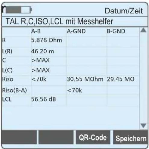 Datum/Zeit TAL R,C,ISO,LCL mit Messhelfer A-B A-GND B-GND R 5.878 Ohm L(R) 46.20 m C >MAX L(C) >MAX Riso <70k 30.55 MOhm 29.45 MO Riso(B-A) <70k LCL 56.56 dB QR-Code Speichern