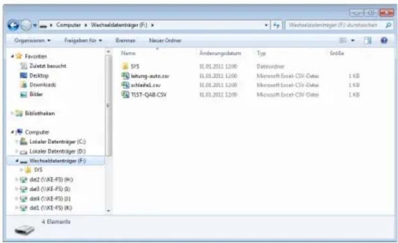 Computer > Wechseldatenträger (F:) Organisieren > Freigebert für > Bremen > Neuer Ordner Favorites Zuletzt besucht Desktop Downloads Bilder Bibliotheken Computer Lokaler Datenträger (C:) Lokaler Datenträger (D:) Wechseldatenträger (F:) SVS dat2 (VKE-FS) (H:) dat3 (VKE-FS) (I:) dat4 (VKE-FS) (J:) dat1 (VKE-FS) (K:) Name Änderungsdatum Typ Erdige SVS 81.01.2011 12:00 Datsondner wihung-auto.csv 81.01.2011 12:00 Microsoft Excel-CSV-Datei 1 KB schlensfd.csv 81.01.2011 12:00 Microsoft Excel-CSV-Datei 1 KB TEST-QAB:CSV 81.01.2011 12:00 Microsoft Excel-CSV-Datei 1 KB 4 Elementa