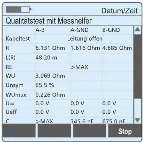 Datum/Zeit Qualitätstest mit Messhelfer A-B A-GND B-GND Kabeltest Leitung offen R 6.131 Ohm 1.616 Ohm 4.685 Ohm L(R) 48.20 m RE >MAX WU 3.069 Ohm Unsym 65.5 % WUmax 0.226 Ohm U= 0.0 V 0.0 V 0.0 V Ueff 0.0 V 0.0 V 0.0 V C >MAX 345.6 nF 675.0 nF Stop