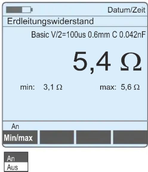Erdleitungswiderstand Basic V/2=100us 0.6mm C 0.042nF 5,4 Ω min: 3,1 Ω max: 5,6 Ω An Min/max An Aus