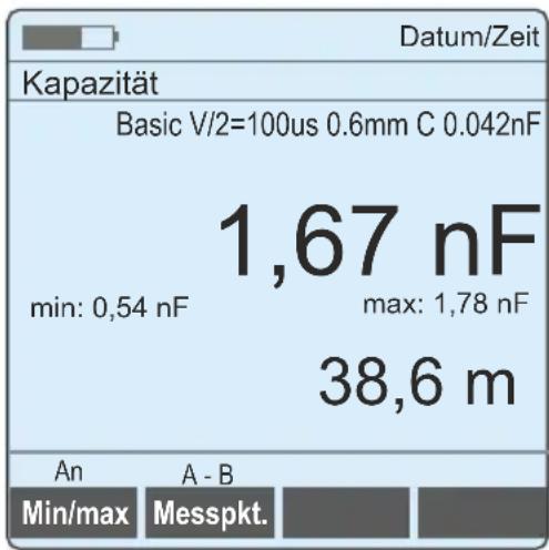 Datum/Zeit Kapazität Basic V/2=100us 0.6mm C 0.042nF 1,67 nF min: 0,54 nF max: 1,78 nF 38,6 m An A - B Min/max Messpkt.