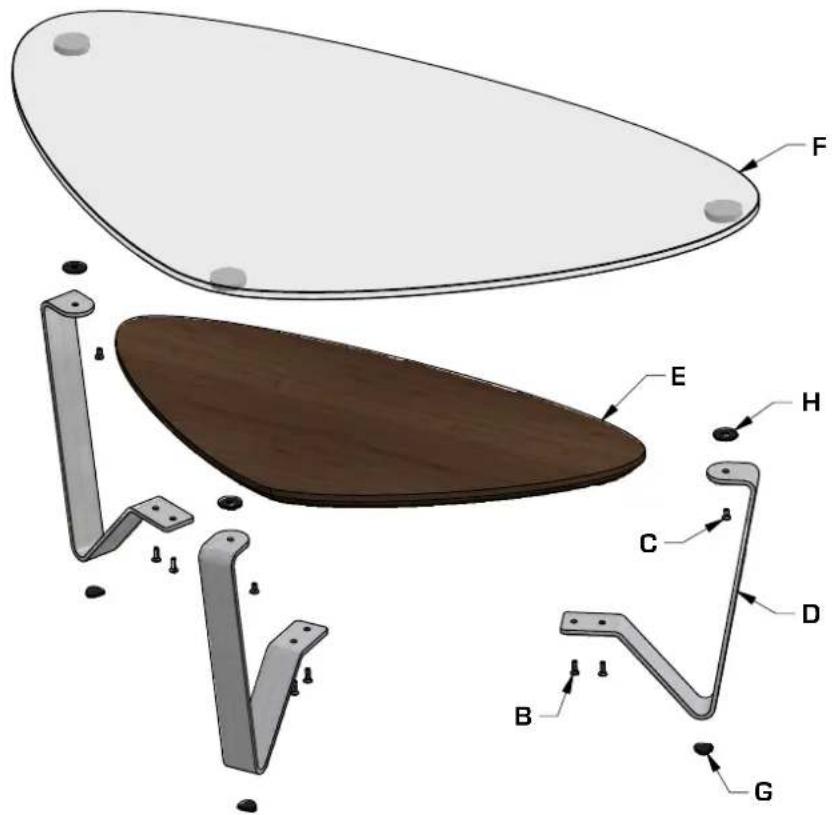 Technical diagram of a mechanical component with labeled parts A through H, including a wooden panel and metal brackets.