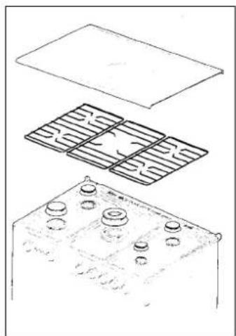 Diagram showing three views of a battery pack with internal circuitry and mounting holes (no text or labels)
