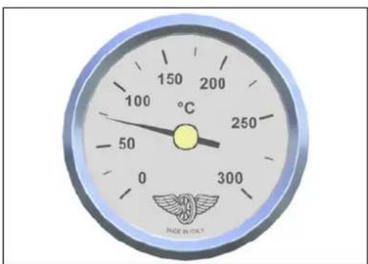 Front view of a Celsius gauge with scale and brand logo (no text or numbers on face)