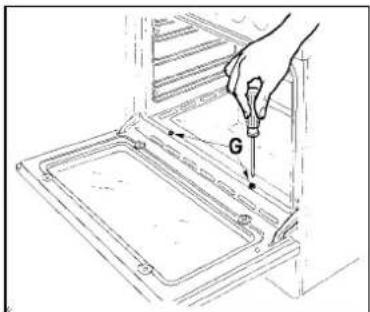 Technical diagram showing a hand using a tool to install a component labeled 'G' into a tray-like structure.