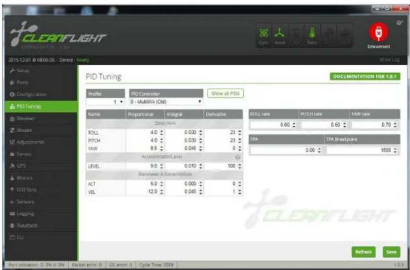 CLEANFLIGHT 2015-12-01 @ 08/06/26 - Device - Ready PID Tuning Profile PID Controller Show all PDS 1 0 - MultiWi-Fi (Old) Name Polyagonal Integral Derivative ROLL Rate PITCH Rate YAW Rate 0.60 0.60 0.70 ROLL 4.0 0.030 23 RITCH 4.0 0.030 23 YAW 8.5 0.048 0 Acceleration Level LEVEL 9.0 0.010 100 Sensors & Sensor Article ALT 5.0 0.000 0 VEL 12.0 0.048 1 TPA TPA Breakpoint 0.00 1600 Refresh Save Reset utilization: 0.0% U 5% Packet error: 0 UC error: 0 Cycle Time: 2559