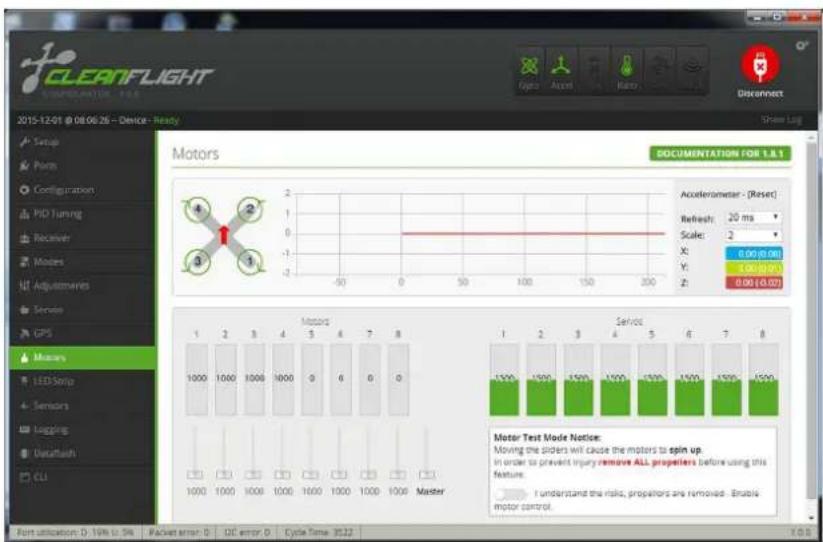 CLEANFLIGHT EMERGENCY - FLA 2015-12-01 @ 08/06/26 - Device - Ready Tools Log Setup Poms Configuration PID Turning Receiver Motors Adjustments Service GPS Motors LED-Simp Sensors Looping Umsatush CLI Motors 1 2 3 4 5 6 7 8 1000 1000 1000 1000 0 6 0 0 1000 1000 1000 1000 1000 1000 1000 1000 Master SERVIC 1 2 3 4 5 6 7 8 1000 1000 1000 1000 1000 1000 1000 1000 Master Motor Test Mode Notice: Moving the sliders will cause the motors to spin up. in order to prevent injury remove ALL propellers before using this feature. I understand the risks, propellers are removed. Enable motor control.