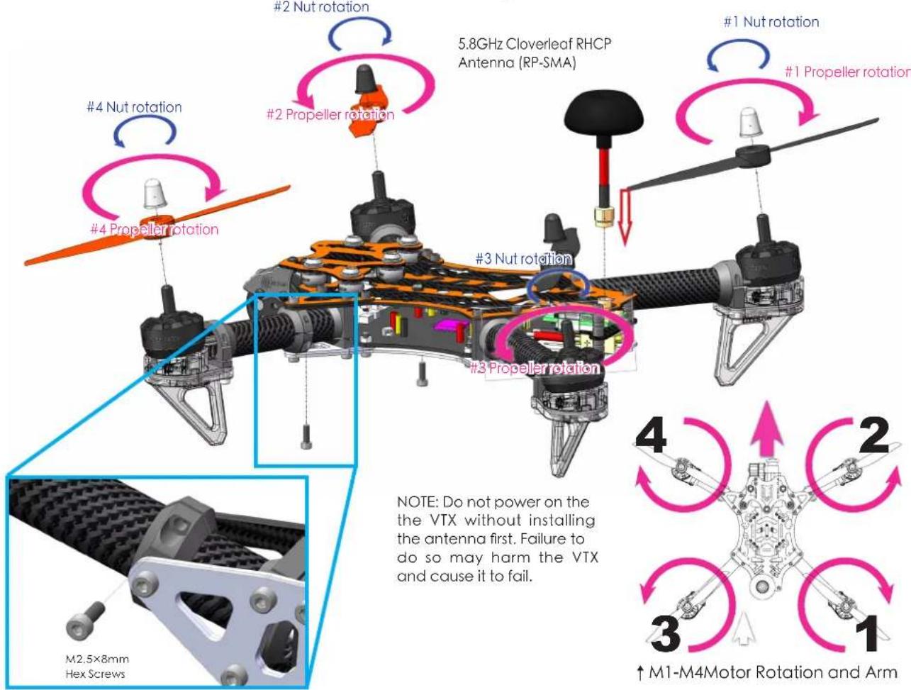 #2 Nut rotation #2 Propeller rotation 5.8GHz Cloverleaf RHCP Antenna (RP-SMA) #1 Nut rotation #1 Propeller rotation #3 Nut rotation #3 Propeller rotation #4 Nut rotation #4 Propeller rotation NOTE: Do not power on the VTX without installing the antenna first. Failure to do so may harm the VTX and cause it to fail. M2.5×8mm Hex Screws 4 2 3 1 ↑ M1-M4Motor Rotation and Arm