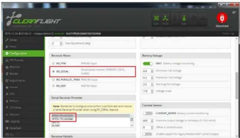 CLEANFLIGHT COMPLORATOR 1.1.1 2015-11-24 @ 07/08/12 - Unique (Voice ID) device - BoxE7F93032566670672636M Setup Form Configuration PID Tuning Receiver Methods Adjustments Services GPS Motors LED Snap Sensors Logging Dataflash CU Yam Adjustment (Jug) Receiver Mode RX_PFM RPM RX Input RX_SERIAL Serialized receiver GPEKSAT, SRUS, ( SUMD) RX_PARALLEL_PMM PWM RX Input RX_MSP MSP RX Input Serial Receiver Provider Note: Remember to configure a Serial Port (via Ports port) and choose a Serial Receiver Provider when using RX_SERIAL Feature GPEKTRUMIDR GPEKTRUMIDR MOSIP SUMD Receiver Failcale Battery Voltage VBAT Battery voltage monitoring Minimum Cell voltage 4.3 Maximum Cell voltage Warning Cell voltage 110 Voltage Scale Current Sensor CURRENT_METER Battery current monitoring 400 Scale the output voltage to milliseconds [1/1 inch min/Hz] Offset in milliost steps Enable support for legacy Matlab MSP current output