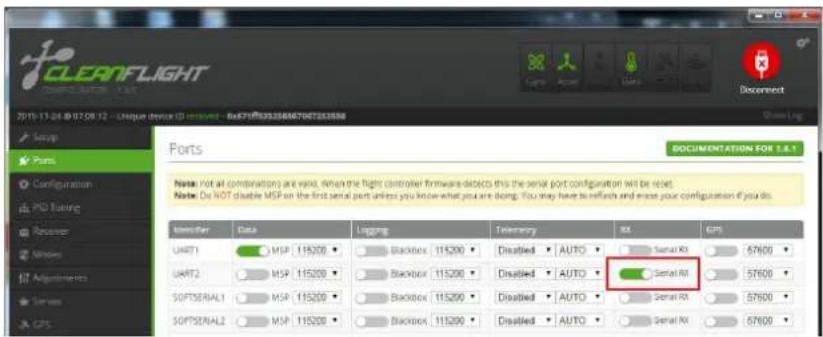 CLEANFLIGHT COMPLIANCE 1.6 2018-11-24 @ 07:08 12 - Unique device ID version - SubFT/RSS/SSM/CT/07/2018 Ports DOCUMENTATION FOR 1.6.1 Notes: Not all combinations are valid, when the flight controller firmware detects this the serial port configuration will be reset. Note: Do NOT disable MSP on the first serial port unless you know what you are doing. You may have to refine and erase your configuration if you file. Identifier Data Logging Territory RX GPS UART1 MSP 115200 Blackbox 115200 Disabled AUTO Serial RX 57600 UART2 MSP 115200 Blackbox 115200 Disabled AUTO Serial RX 57600 SOFTSERIAL1 MSP 115200 Blackbox 115200 Disabled AUTO Serial RX 57600 SOFTSERIAL2 MSP 115200 Blackbox 115200 Disabled AUTO Serial RX 57600 Adjustments Senses GPS