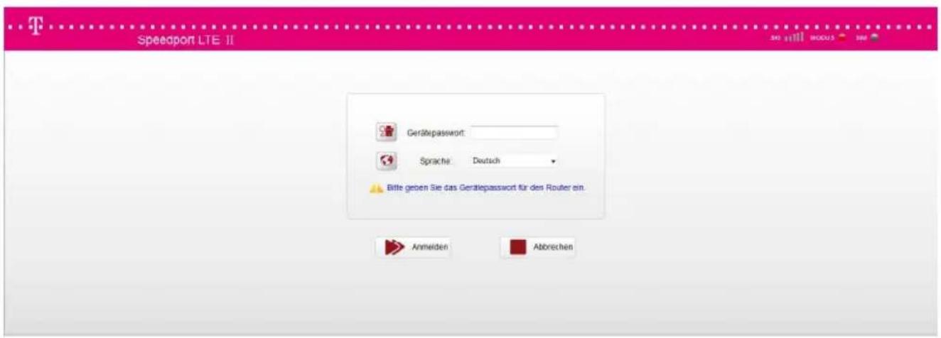 Speedport LTE II Gerätepasswort: Sprache: Deutsch Bitte geben Sie das Gerätepasswort für den Router ein. Anmelden Abbrischen