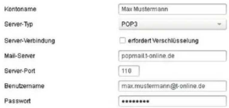 Kontoname Max Mustermann Server-Typ POP3 Server-Verbindung □ erfordert Verschlüsselung Mail-Server popmail.t-online.de Server-Port 110 Benutzername max.mustermann@t-online.de Password **********