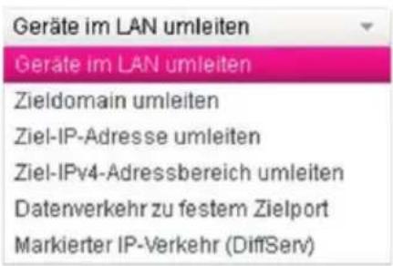 Geräte im LAN umleiten Geräte im LAN umleiten Zieldomain umleiten Ziel-IP-Adresse umleiten Ziel-IPv4-Adressbereich umleiten Datenverkehr zu festem Zielport Markierter IP-Verkehr (DiffServ)