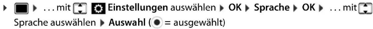 ► □ ▶ ... mit ⚙️ Einstellungen auswählen ► OK ► Sprache ► OK ► ... mit ⚙️ Sprache auswählen ► Auswahl ( ● = ausgewählt)