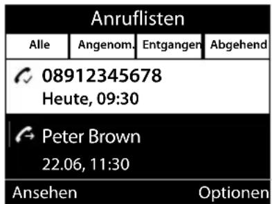 Anruflisten Alle Angenom. Entgangen Abgehend 08912345678 Heute, 09:30 Peter Brown 22.06, 11:30 Ansehen Optionen