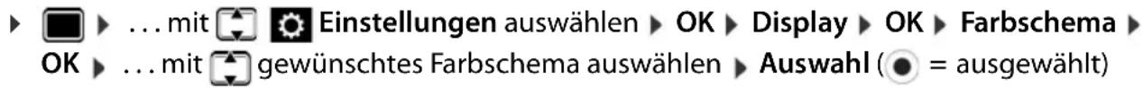 ▶ ... mit ⚙️ Einstellungen auswählen ▶ OK ▶ Display ▶ OK ▶ Farbschema ▶ OK ▶ ... mit ⚙️ gewünschtes Farbschema auswählen ▶ Auswahl ( ● = ausgewählt)