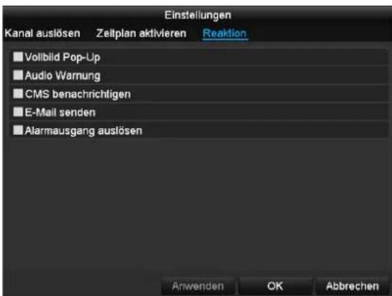 Einstellungen Kanal auslösen Zeitplan aktivieren Reaktion ■ Vollblid Pop-Up ■ Audio Warnung ■ CMS benachrichtigen ■ E-Mail senden ■ Alarmausgang auslösen Anwenden OK Abbrechen