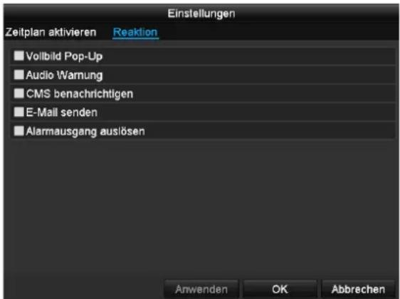 Einstellungen Zeitplan aktivieren Reaktion ■ Vollbild Pop-Up ■ Audio Warnung ■ CMS benachrichtigen ■ E-Mail senden ■ Alarmausgang auslösen Anwenden OK Abbrechen