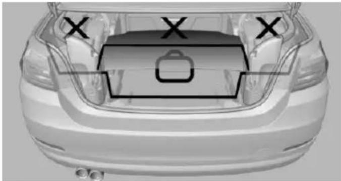 3D rendering of a car's rear bumper with internal compartments and a logo (no text or symbols)
